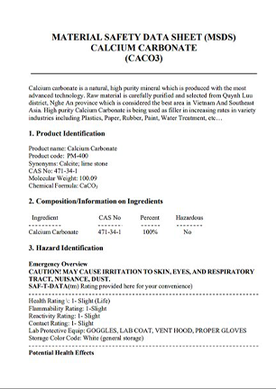 SDS - CACO3 Powder Vietnam